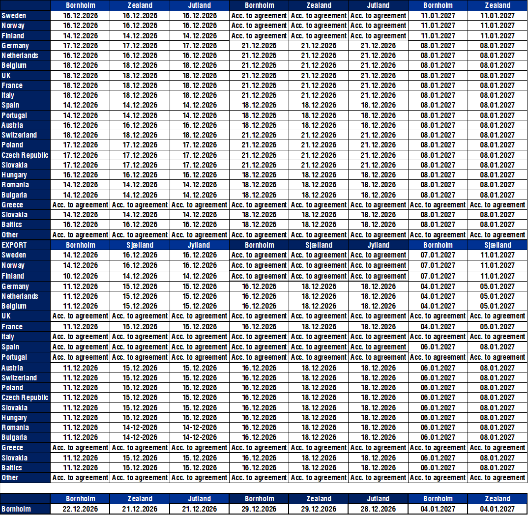 Departure times Christmas and New Years 2026/2027